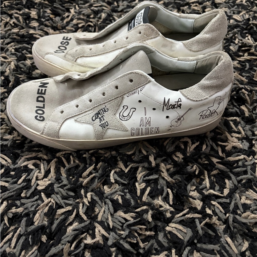 Golden Goose White Leather Low-Top Sneakers with Black Star and Gray Suede - Picture 7 of 13